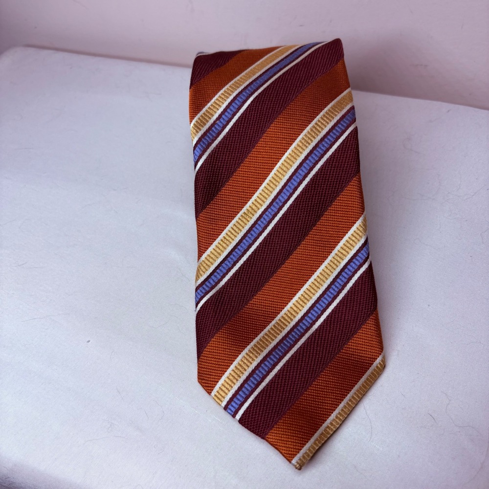 Canali Mens Silk Tie Burgundy Orange Gold Striped Made in Italy Luxury Necktie